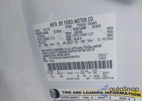 2010 Ford F-150 Lariat z USA, uszkodzony, nr VIN 1FTFW1EV0AFD50701